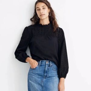 Madewell Classic Black Eyelet Ruffle Mockneck Blouse